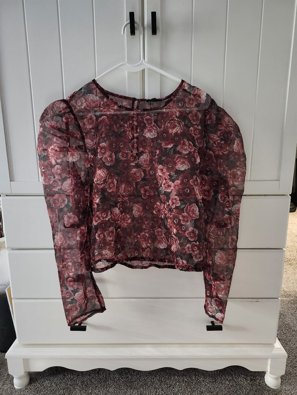 Sheer Floral Puff-Sleeve Blouse - Burgundy Sz L